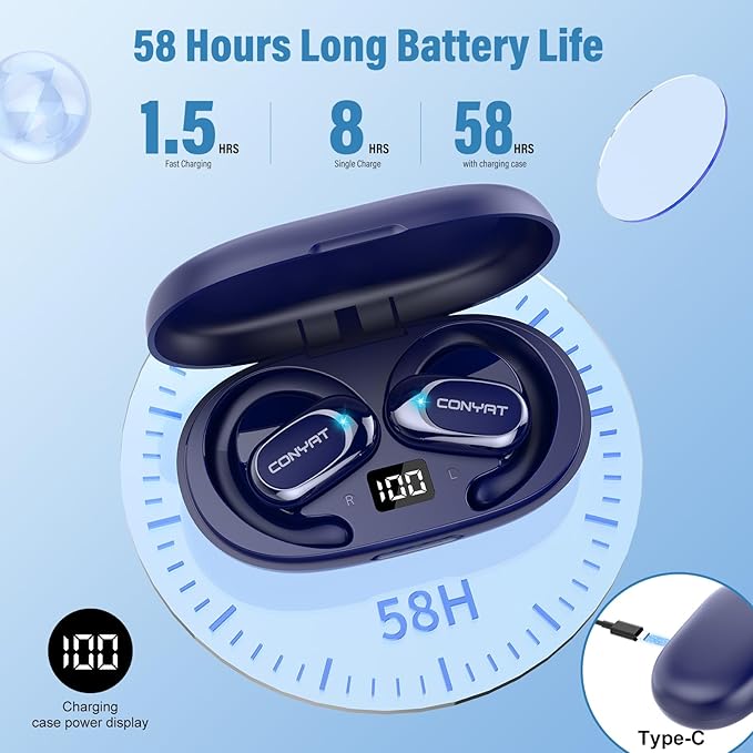 Open Ear Headphones, Wireless Bluetooth 5.4 Earbuds with Big Earhooks, Ultra-Comfort Open Ear Earbuds, 58 Hours HD Stereo Sound Over Ear Earphones, IP7 Waterproof Headset for Workouts, Blue