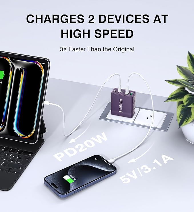 [2Pack] 50W USB C Plug,5-Port Fast Charger Block PD+QC Cube Wall Charging Box Brick for iPhone 16/15/14/13 for Samsung Galaxy S24/S23/S22/S21+/S21 Ultra, Magsafe Wireless Charger,(Purple)