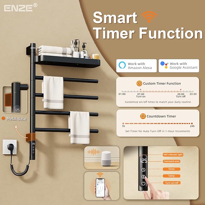 ENZE Smart Rotating Heated Towel Rack for Bathroom, Wall-Mounted Electric Towel Dryer with Swivel Bars & Shelf, Smart Timer, Low Carbon Steel, Plug-in/Hardwired, Towel Warmer with Wi-Fi App Control