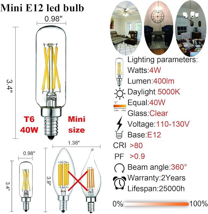 LiteHistory E12 led bulb Dimmable 4W equal 40W led candelabra bulb daylight 5000K clear T6 T25 E12 edison bulb for ceiling fan,chandelier AC120V 400LM 6Pack
