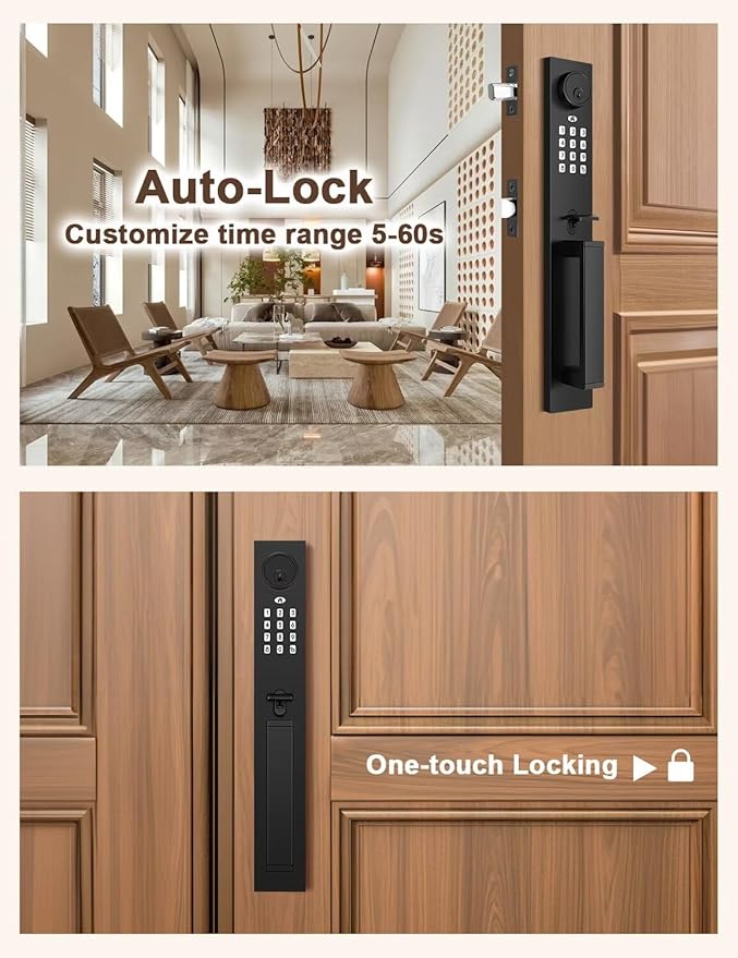 Keyless Entry Door Lock with Lever, Full Escutcheon Smart Door Handle, Digital Keypad Deadbolt with App, Front Door Handleset with Single Cylinder Deadbolt and Lever, Auto Locking, Black Finish