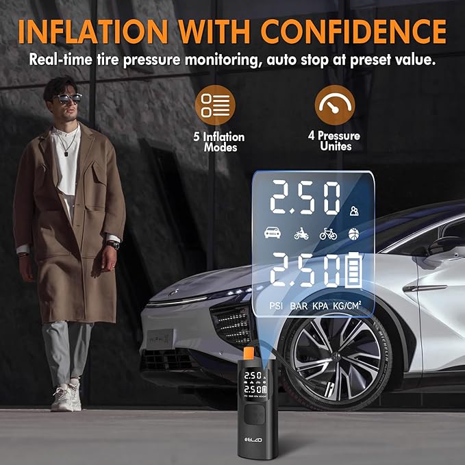 ELZO Tire Inflator Air Compressor, 7500mAh Rechargeable Car Tire Air Pump Portable with Digital Pressure Gauge 150PSI 3X Fast Inflation, Auto Shut Off, Cordless Mini Pump for Motorcycles Bikes Balls