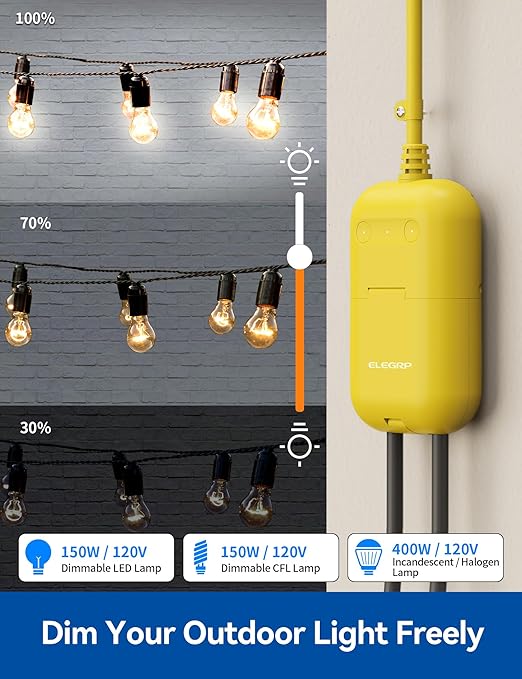 ELEGRP Outdoor Smart Dimmer Plug Waterproof IP66, Smart WiFi Plug with 2 Individually Sockets, Compatible with Alexa & Google Assistant, Outdoor Dimmer for String Lights, UL Listed, 2 Pack, Yellow