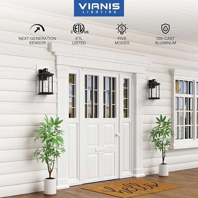 VIANIS Large Motion Sensor Outdoor Lights, Dusk to Dawn Outdoor Lighting with Water Glass, Easy-Install Aluminum Waterproof Hardwired Exterior Lights for Porch, Garage, Front Door