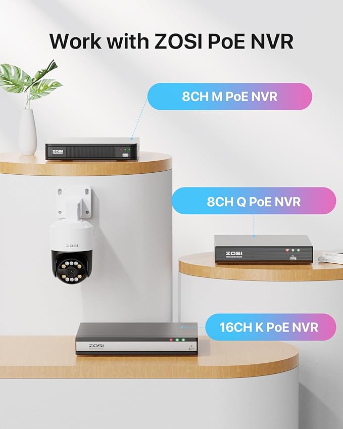 ZOSI 2 x C296 5MP 3K PoE PT Add-on Camera Outdoor with AI Face Human Vehicle Detection, Siren Alarm, Starlight Night Vision, Auto Track, 2-Way Talk, SD Card Storage, Only Compatible PoE NVR