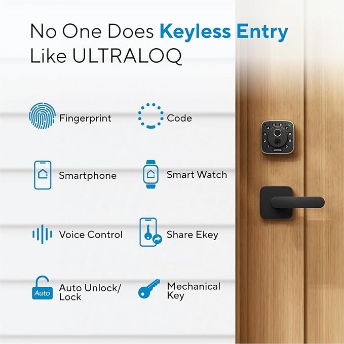 ULTRALOQ Bolt Fingerprint Smart Lock with Handle, Work with Apple Home, Built-in WiFi Front Door Lock Set, Biometric Deadbolt with Door Sensor, Remote Control, Auto Unlock, BHMA Certified