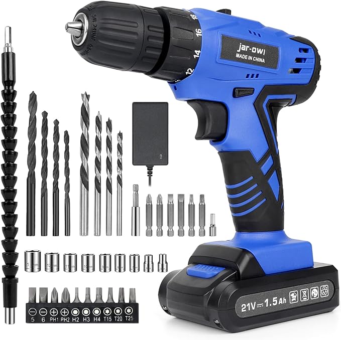 Portable Power Drill Set with 37PCS Drill Bit,21V Cordless Drill Driver Kit with Battery and Charger,Jar-owl Home Tool Kit with Electric Drill for Men Women Garden Office Repair Maintain-Blue