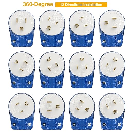 Nema 5-15P 90 Degree Right Angle Plug - 10 Pack, 15A 125V, Transparent Blue, ETL Verified