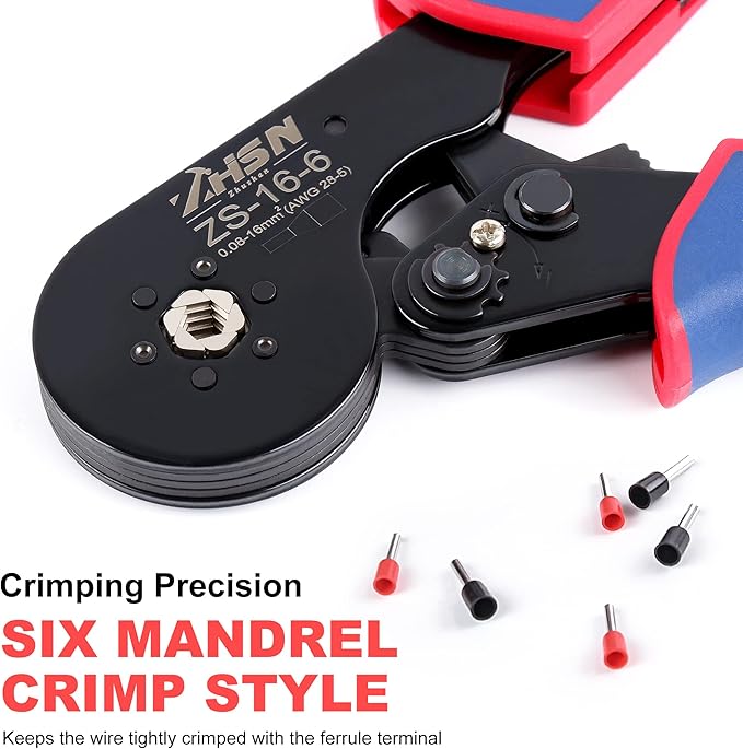 Zhushan Wire Ferrule Crimping Tool - 16-6 Square Jaw Crimping Pliers - Self-Adjustable Ratchet for AWG 28-5 (0.08-16mm²) - Ideal for Wire Terminals, Cables, and End-sleeves