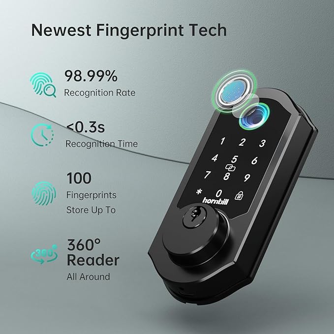 Hornbill Front Door Lock Set: WiFi Keyless Entry Smart Deadbolt Knob with Fingerprint Keypad App Code Fobs Remote Control Alexa Google, Digital Electronic Touchscreen Lock for Exterior - Black