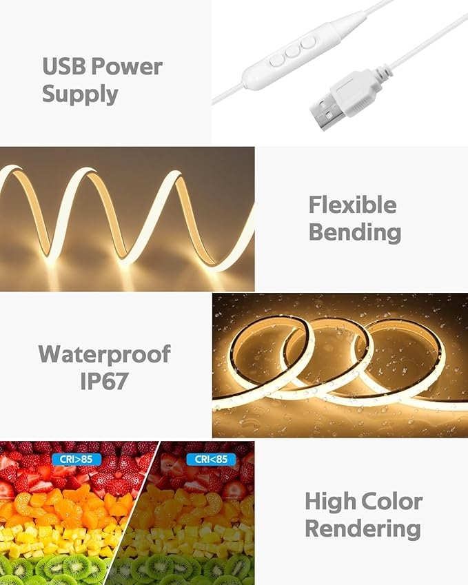 USB COB LED Strip Light Waterproof 5V 6.6FT 3000K Warm White COB LED Rope Light for Bedroom with Dimmer High Density 320LEDs/M Tunable Flexible LED Tape Light for TV Backlight Mirror Decor 2M