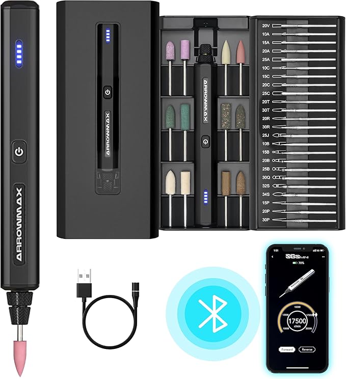 AM ARROWMAX Mini Electric Engraving Pen, 36 Bits With Aluminum Case, Bluetooth, APP, Cordless Mini Rotary Tool, Engraving Pen for Metal, Wood, Glass and Plastic, (SGS MINI) Black