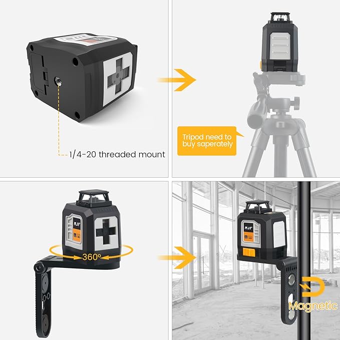 MJF 360° Laser Level, Green Self Leveling Cross Line Laser Tool with 4 Brightness Adjustment for Floor Tile Wall Construction, L-Bracket, Batteries & Carry Bag Included