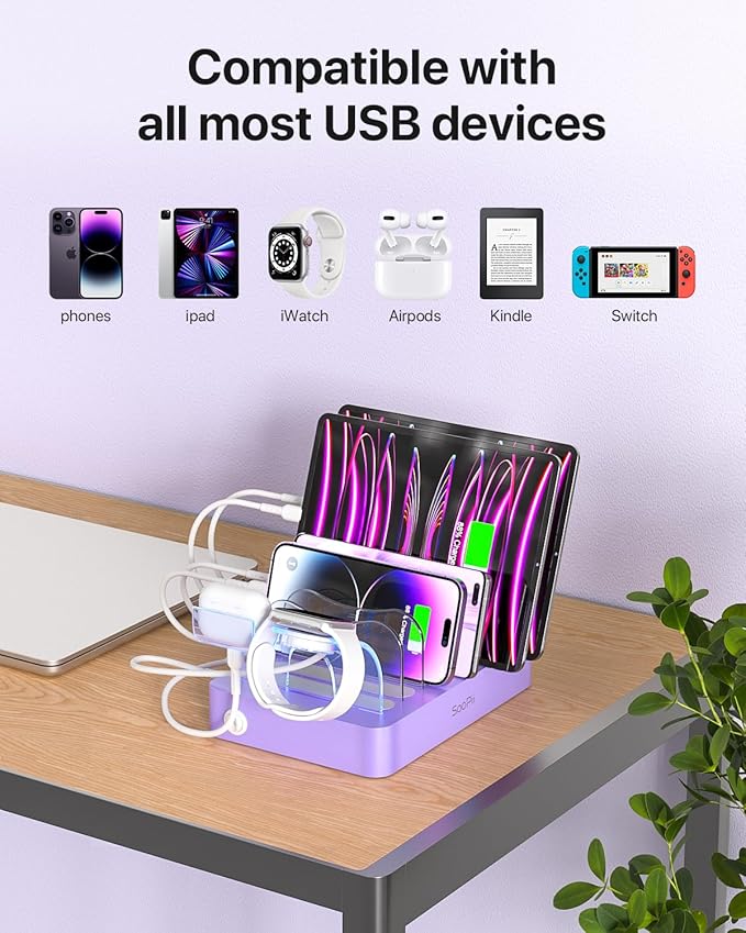 SooPii Premium 6-Port USB Charging Station Organizer for Multiple Devices, 6 Short Charging Cables and One Upgraded i-Watch Charger Holder Included, for Phones,Tablets and Other Electronics, Purple