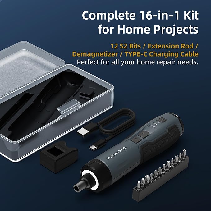 Electric Screwdriver Kit,iFu Power Screwdriver Cordless Rechargeable with LED Light & 12 Magnetic Bits, Electric Screwdriver Set for Daily Furniture Repair, Mounting