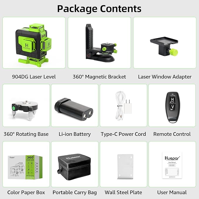 Huepar Laser Level 360 Self Leveling, 16 Lines High Accuracy ±1/9" Green Laser Level with Remote Control, 4x360 Cross Line Tiling Floor Laser Tool, 4D for Construction 904DG