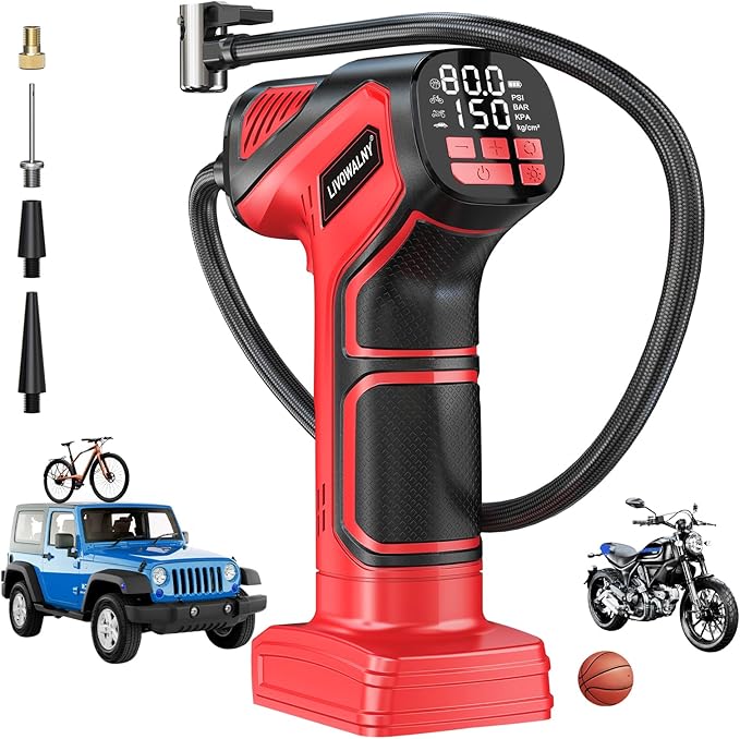 Tire Inflator Portable Air Compressor Compatible With Milwaukee 18V Battery, LIVOWALNY 150PSI Air Pump Cordless Tire Pump Digital Pressure Gauge, Tire Inflator for Car, Bike, Motorcycle (No Battery)