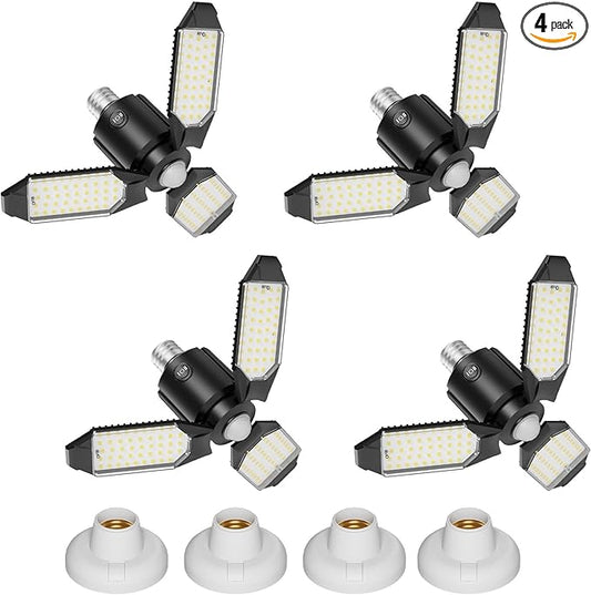 4-Pack Garage Lights with Motion Sensor, 8000LM Motion Sensor Light Indoor with 3 Deformable Design and Auto-Off, E26 Screw-in 6500K Motion Activated Bulbs for Ceiling/Basement