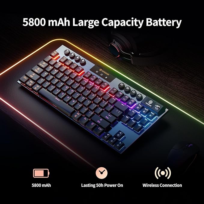 Hexgears Immersion A3 TKL Wireless Mechanical Gaming Keyboard, Bluetooth/2.4G/USB-C Hot-Swappable Low-Profile Keyboard with Linear Switches, 16.8M RGB Backlit, Display Screen & 5800mAh Battery(Black)