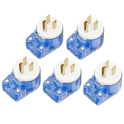 Transparent Blue ETL Verified Nema 5-15P 90 Degree Right Angle Plug - 3-Prong Household 15A 125V AC Plug