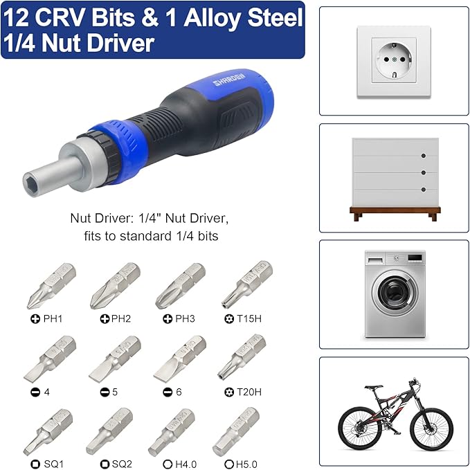 SHARDEN Ratcheting Screwdriver 13-in-1 Ratchet Screwdriver Set Multi Bit Screw Driver All in One Screwdriver with Torx Security, Flat Head, Phillips, Hex, Square and 1/4 Nut Driver