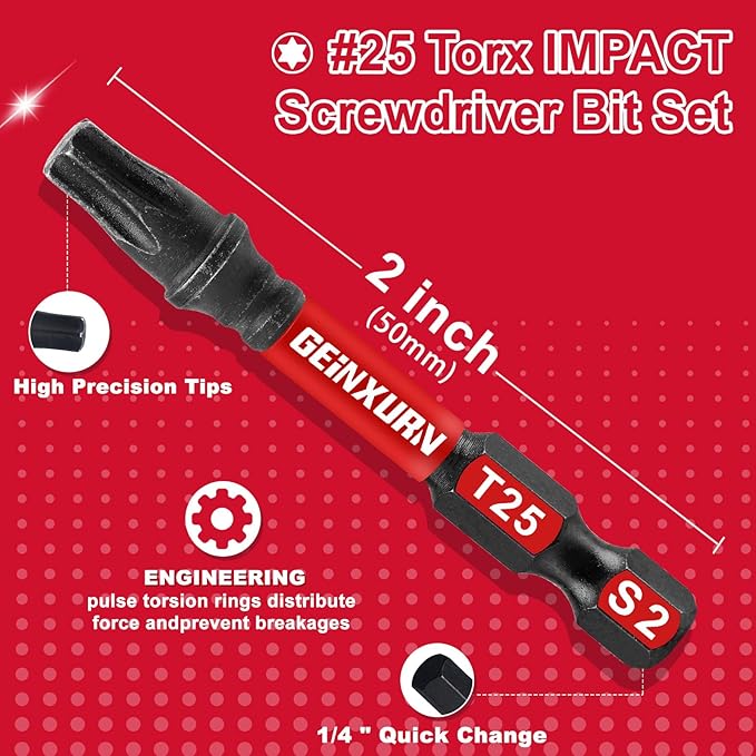 30 Pieces 2 In. T25 Impact Tough Magnetic Screwdriver Bit Set, #25 Torx Head Power Bits, S2 Alloy Steel Star Bits with 1 Pc Impact Bit Holder and Storage M-Box