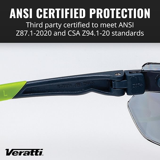 Veratti Toretto Safety Glasses, Anti-Fog Gray Lens, ANSI Z87.1 Certified, Gray/Green Frame, Affordable Eyewear