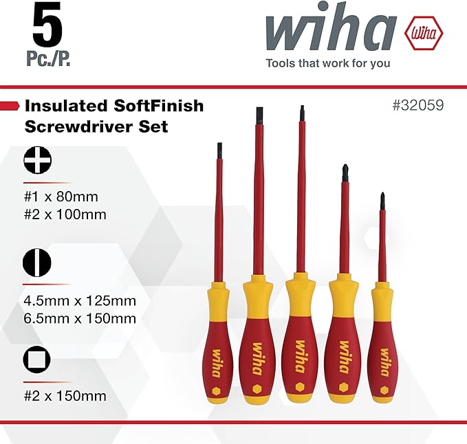 Wiha 32059 5 Piece Insulated SoftFinish Slotted/Phillips/Square Screwdriver Set