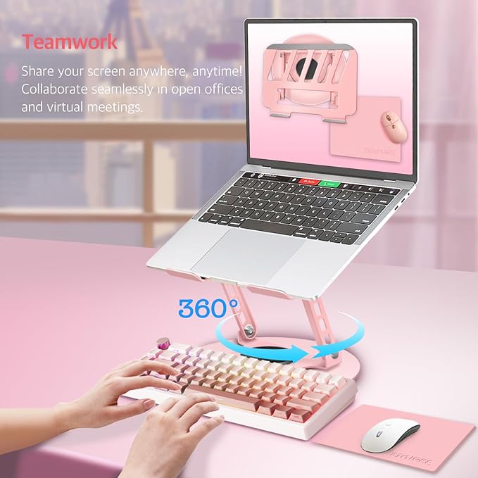 360° Rotating Adjustable Laptop Stand Perfect for Work, Painting,Office,Travel,Home,Fits MacBook & Laptops up to 13-15",Dual Rotary Shaft,Folding Design-Pink(Free Mouse pad)