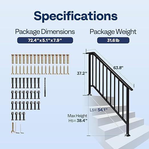 VIVOHOME 2-Pack 5 Step Galvanized Steel Hand Rails for Outdoor Steps – Black Oval and Safety Balusters Exterior Railing for Porch, Deck, or Indoor Stairs, Complete Installation Kit