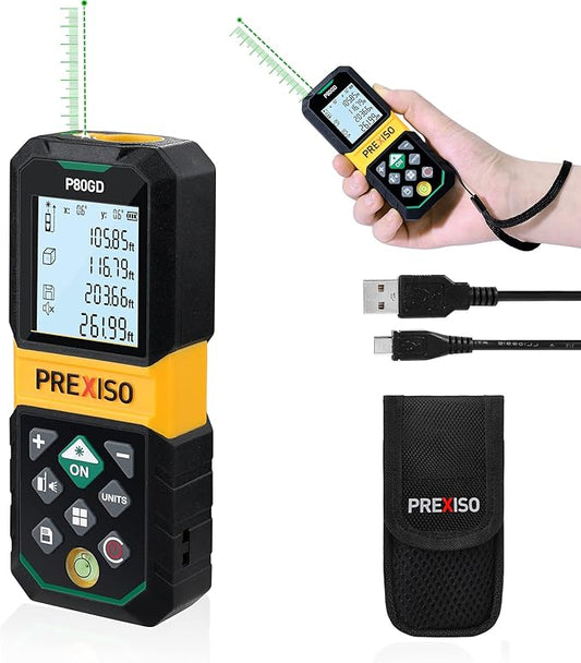 PREXISO Laser Measure Rechargeable, 265Ft Green Beam Laser Measurement Tool with Angle Sensor& 30 Sets Data Storage &1/4"-20 Threaded Hole - Ft/Ft+in/in/M Units - Pythagorean Mode, Area, Volume