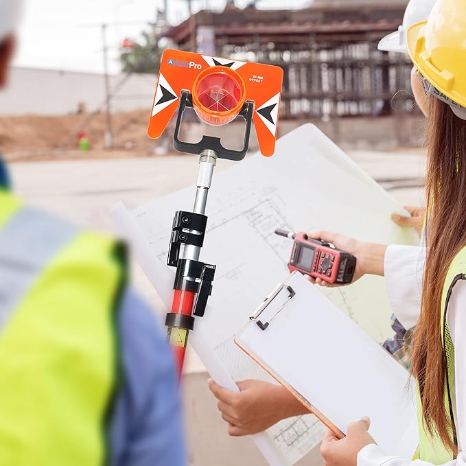 AdirPro Aluminum Prism Pole - Telescopic 12’ (3.7m) – Fixed Adapter Tip – Quick Release Clamp - Metric Graduation - Strong & Lightweight GPS Pole - for Use with Prisms - Rover Rod - GNSS Instruments