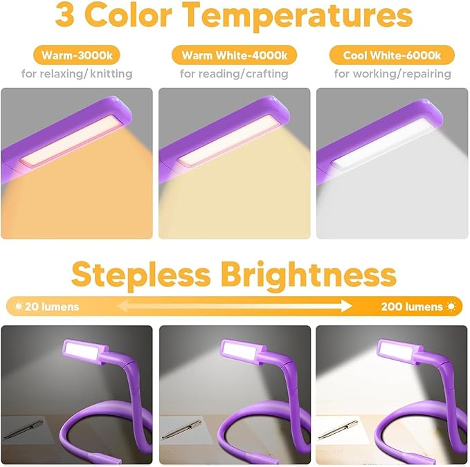 Voilet Neck Light with Storage Case, 10-80Hrs Eye-friendly Book Reading Lamp, Knitting Crochet Sewing Craft Light Rechargeable Adjustable, Christmas Birthday Gifts for Book Lovers Knitters Crafters