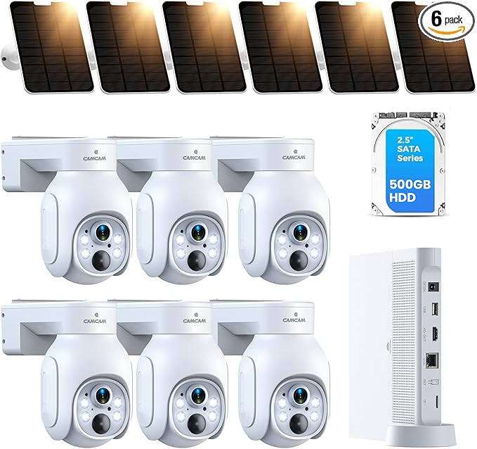 Camcamp Wireless Security Camera System, Solar Powered PTZ 4MP 6 Cam-kit Camera Security System, 500GB HDD NVR,Easy Installation, Color Night Vision, 2 Way Audio, 2.4G & 5G WiFi for Home Outdoor
