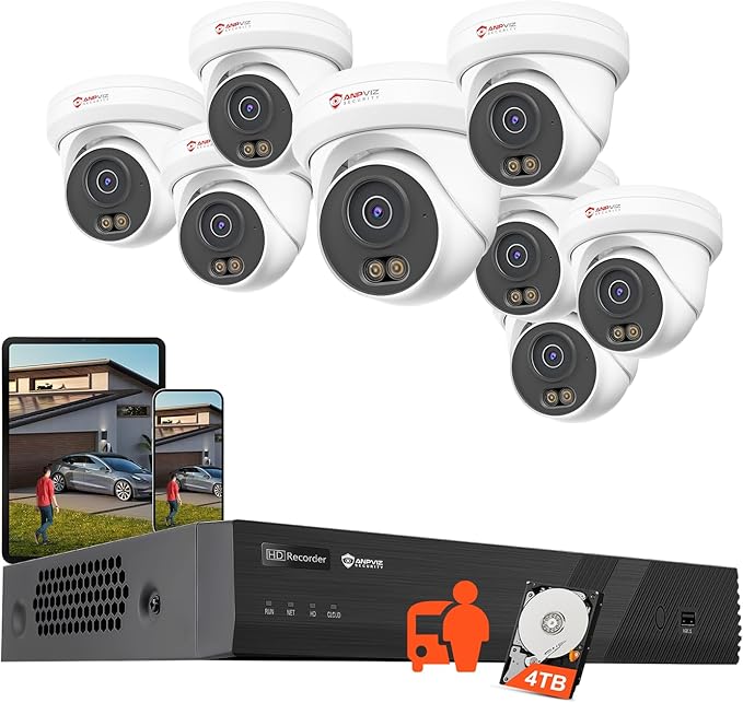 Anpviz 16 Channel NVR PoE Security Camera System with Human Vehicle Detection, 8PCS 6MP Wired IP Turret Cameras Outdoor, Smart Color Night Vision, Built in Mic, 12MP PoE NVR with 4TB HDD, NDAA