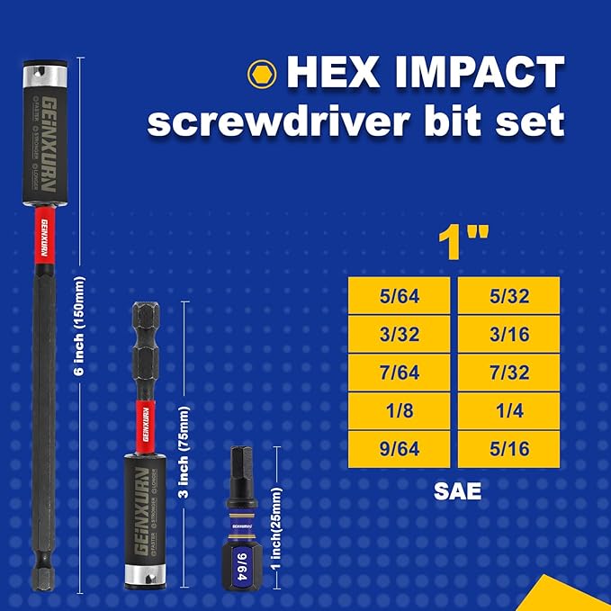 20Pieces 1 In. Hex Head Impact Tough Magnetic Allen Wrench Drill Bits Set, Multi Hex Head SAE Power Bits Set, S2 Steel Hex Screwdriver Bit set with 3”6”Extension Bit Holder