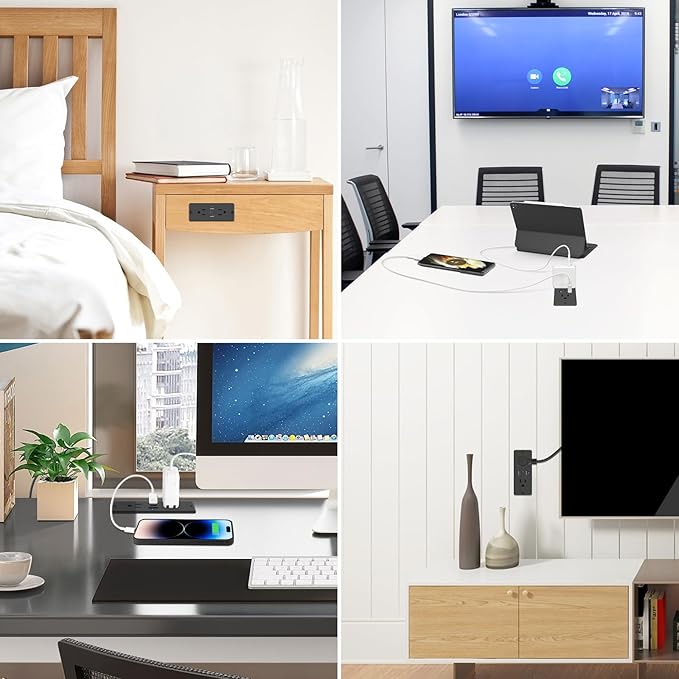 HHSOET 20W Fast Charging Power Strip with USB-C, 2 AC Plugs, 2 USB Ports, 10ft Power Cord, Black