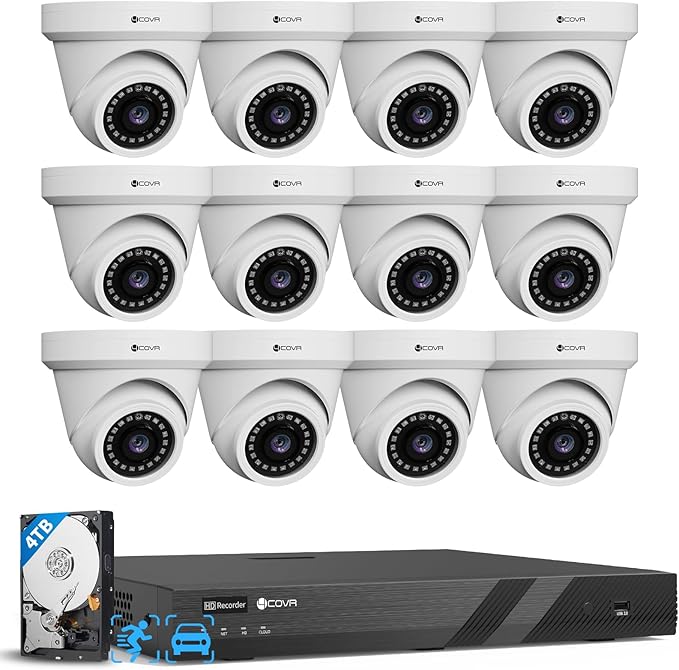 4COVR 16 Channel PoE Security Camera System & AI Human Vehicle Detection, 16CH 8MP NVR 4TB HDD, 12Pcs 5MP Wired Commercial Dome IP Camera IP67 Night Vision, Business Surveillance Outdoor, LY97AX5M1612