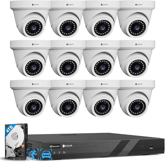 4COVR 16 Channel PoE Security Camera System & AI Human Vehicle Detection, 16CH 8MP NVR 4TB HDD, 12Pcs 5MP Wired Commercial Dome IP Camera IP67 Night Vision, Business Surveillance Outdoor, LY97AX5M1612
