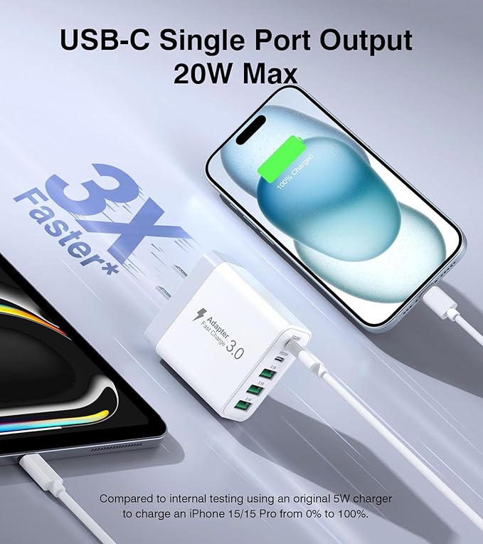 [2-Pack] USB C Wall Charger, 50W Fast USB C Charger Block, 5-Port PD Power Adapter + QC Wall Plug Multiport Type C Charging Block Cube Compatible with iPhone 16 15 14 13 12 11 Pro Max XR XS, Tablets