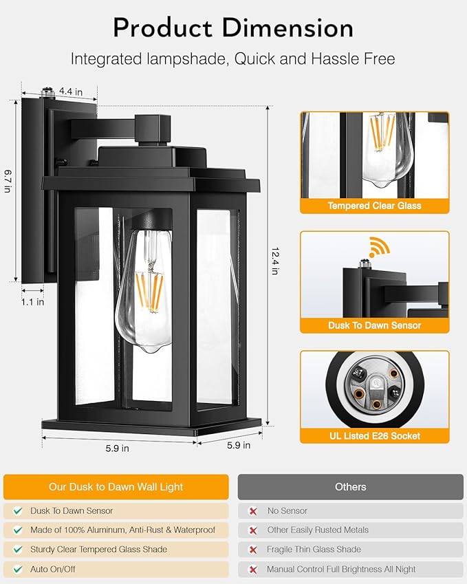 VIANIS Black Dusk to Dawn Outdoor Lights for House, 2 Pack Outdoor Wall Lights, Waterproof Porch Lights, Exterior Lighting Fixtures with Tempered Glass, for Porch, Garage, Doorway,Hardwired, Non-solar