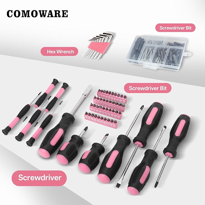 COMOWARE 218 Pcs Pink Home Tool Kit, Basic Household Hand Tool Set with Bag, Ladies Hand Tool Kit Women Home Repairing Tool Kit for Home Maintenance Daily Use Homework DIY