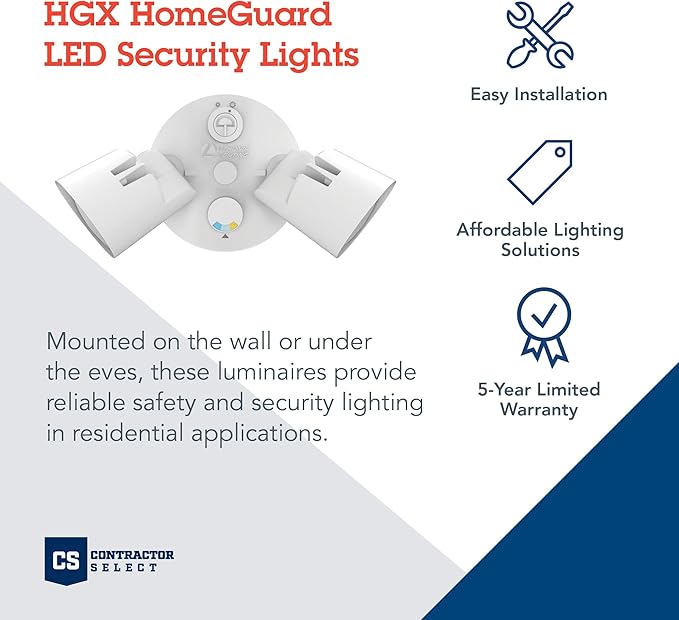 Lithonia Lighting HomeGuard 2-Light LED Outdoor Flood Lights, Outdoor LED Lights, Dusk to Dawn Sensor, Adjustable Lumens, Selectable Color, Round Heads, White (HGX LED 2RH ALO SWW2 120 PE WH M2)