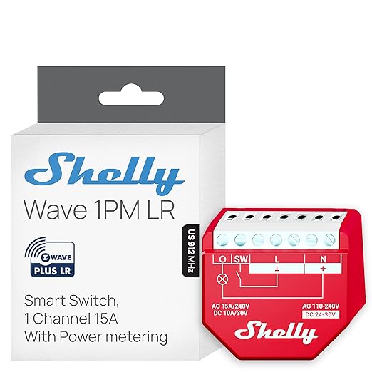 Shelly Wave 1PM US LR UL | Z-Wave Long Range Smart Switch Relay, 1-Channel 15 A with Power Metering | Home Automation | High Compatibility | Easy Installation | iOS Android App