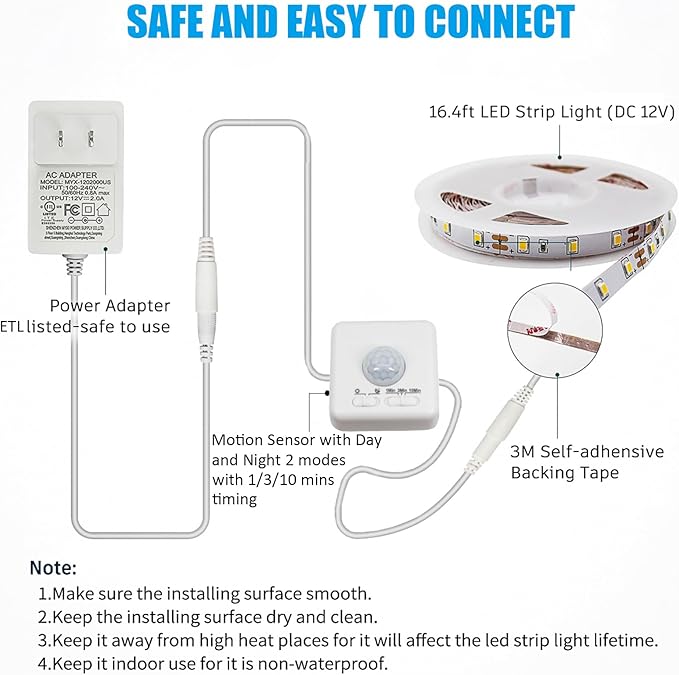 MY BEAUTY LIGHT Motion Activated LED Strip Lights, 16.4ft LED Light Strip with Day or Night 2 Lighting Modes, 3 Timing Off Modes, Bright White 12v Plug-in LED Rope Lights for Under Cabinet, Kitchen