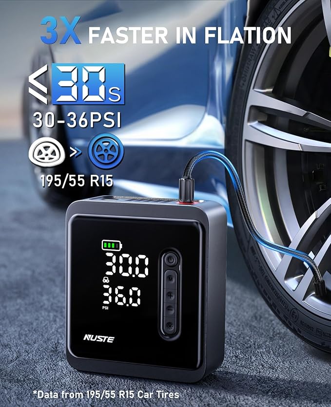 Tire Inflator Portable Air Compressor, 150PSI Cordless Air Pump for Car Tires, 3X Faster Battery & 12V DC Dual Power Electric Bike Pump with Pressure Gauge, for Car Bicycle Ball and More