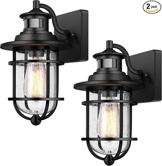 Set of 2 Motion Sensor Outdoor Wall Lantern Dusk to Dawn Waterproof Exterior Wall Sconce with Seeded Glass Black Wall Mount Light Fixture for Porch Doorway Garage, E26 Socket, Motion Activated