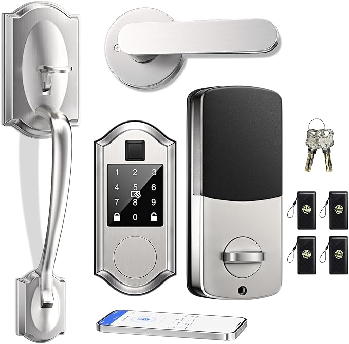 Fingerprint Smart Front Door Lock Set, Keyless Entry Door Lock & Front Door Handle Set, App Control, Digital Touchscreen Keypad, Smart Locks for Front Door, Easy Install,Satin Nickel
