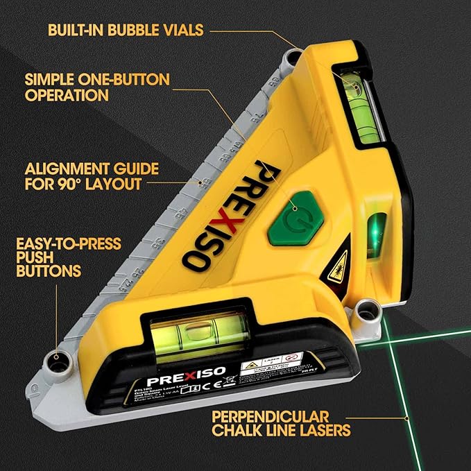 PREXISO Square Laser-65Ft Green Beam Floor Tile Laser Level, Tile Laser Line Projection, Angle 90 degree Aluminum Base Magnetic Level Square Built-In 2 Bubble Vials-With 3 Mounting Pins 3AA Batteries