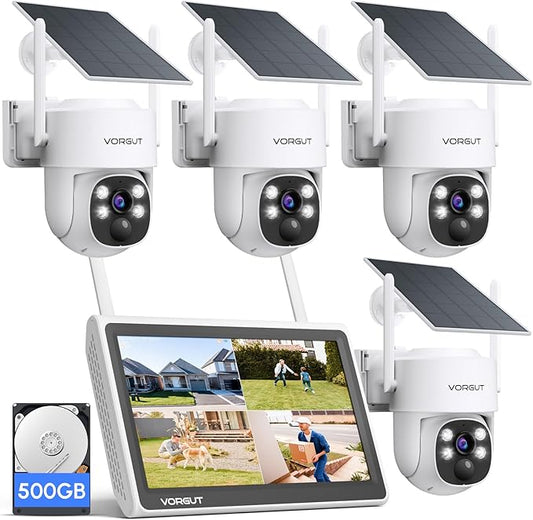 Solar Security Camera System, 10" LCD Monitor 10CH WLAN NVR with 500GB HDD, 4X 4MP PTZ WiFi Battery Powered Surveillance Camera,Outdoor Solar Wireless CCTV Kits,PIR Human Detection/2-Way Talk